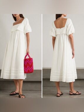 Staud Darla Pleated Cotton-Voile White Midi Dress 0 Perfect Spring Summer dress